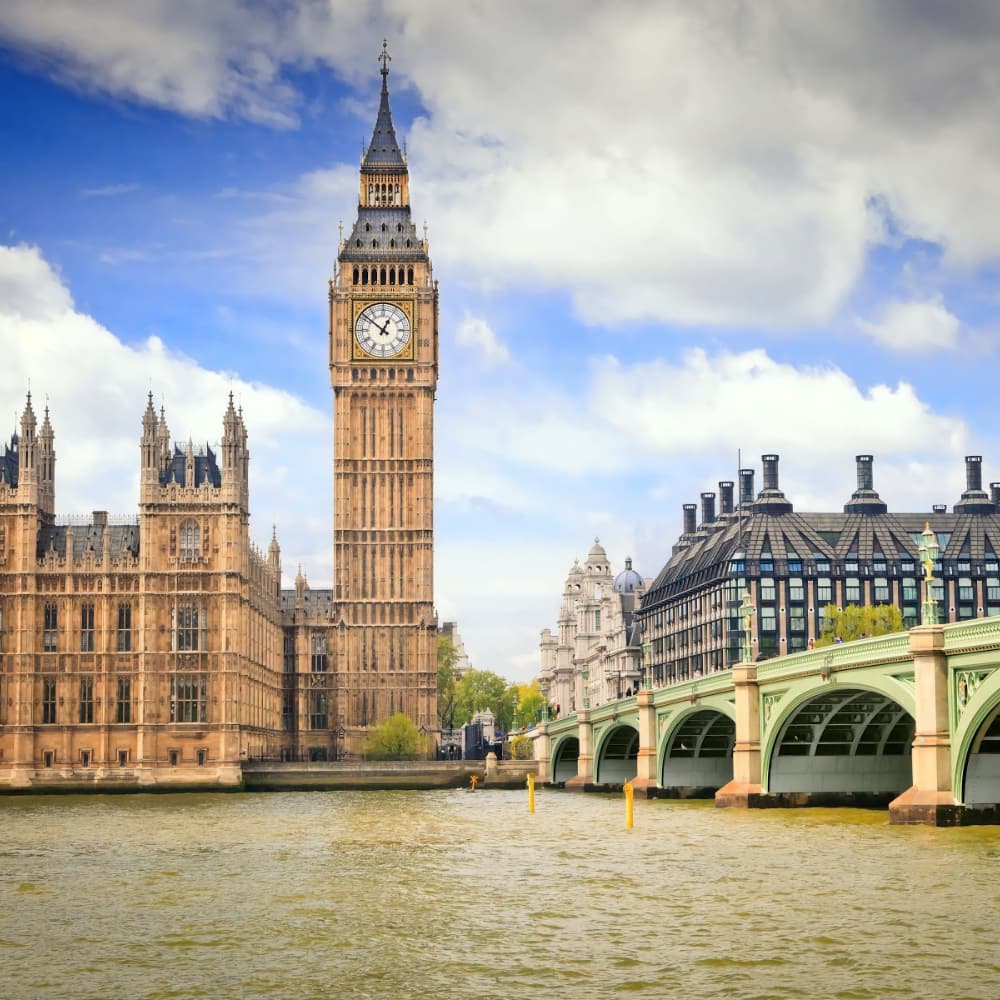 View of London's houses of parliament across the river thames