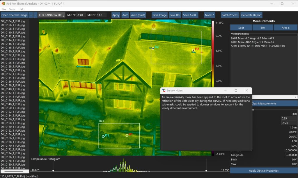 View of Red Fox Thermal Analysis GUI, which allows visualisation and processing of DJI and FLIR radiometric j-pegs