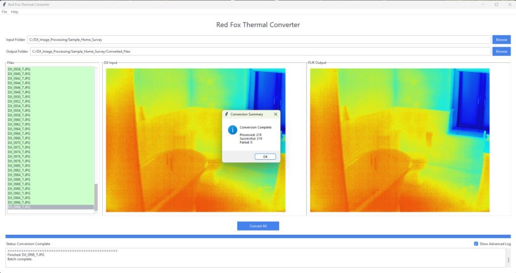 View of Red Fox Thermal Conversion Software which converts DJI radimoetric jpegs to FLIR Thermal Studio compatible files